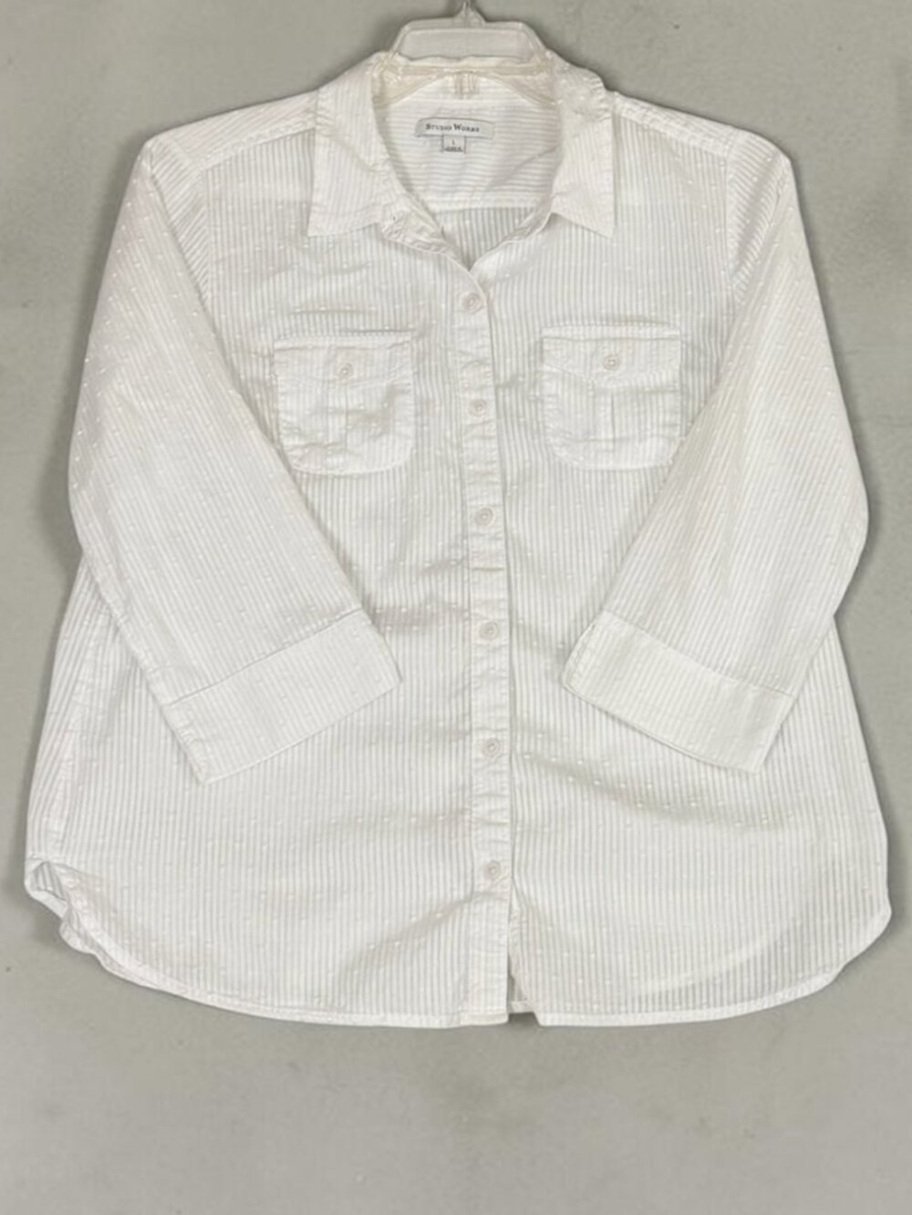 Studio Works Women's Large White Swiss Dot Roll Tab Blouse Sheer Stripe Top